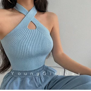 Y2K Halter Knitted Tank Tops: Sexy Off Shoulder Crop for Gen Z