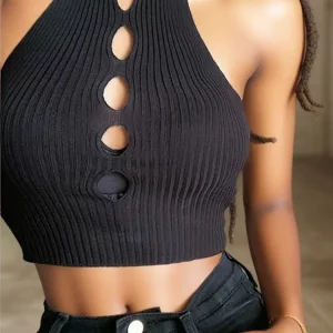 Y2K Hollow Knit Cross Halter Top | K-POP Korean Streetwear Tank