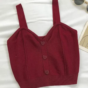 Y2K Knitted V-Neck Crop Tops: Cute Button-Up Sleeveless Straps, Sexy Summer Style