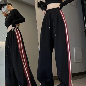 Y2K Kpop Streetwear Black Baggy Sweatpants for Women - Korean Fashion Wide Leg Joggers with Striped Detail