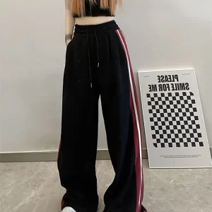 Y2K Kpop Streetwear Black Baggy Sweatpants for Women - Korean Fashion Wide Leg Joggers with Striped Detail