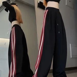 Y2K Kpop Streetwear Black Baggy Sweatpants for Women - Korean Fashion Wide Leg Joggers with Striped Detail