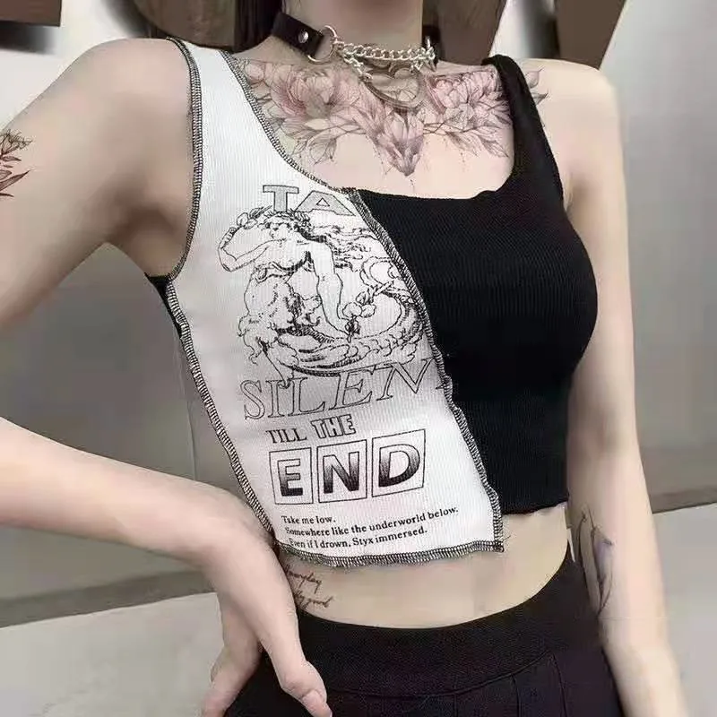 Y2K Patchwork Tank Tops: Anime Graphic Knit & Sexy Strappy Crop for Women