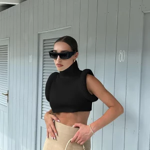 Y2K Pleuche Crop Top: Korean Streetwear Turtleneck for Gen Z Fashionistas