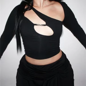 Y2K Punk Hollow Out Crop Top: Asymmetrical Gothic Streetwear for Women - K-POP Fashion, Spring Style