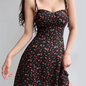 Y2K Retro Floral Spaghetti Strap Black Mini Dress - K-POP Streetwear Fashion for Women