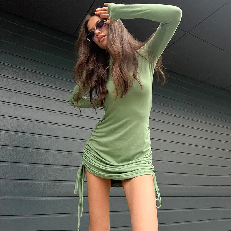 Y2K Ruched Bodycon Mini Dress | Long Sleeve Drawstring Vestidos for Women | K-POP Streetwear & Korean Fashion