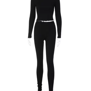 Y2K Streetwear Set: Long Sleeve Crop Top & Pants Matching Outfit