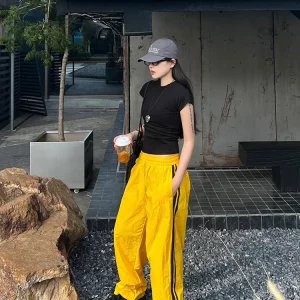 Y2K Streetwear Yellow Wide Leg Track Pants for Women - K-POP Korean Fashion Harajuku Style