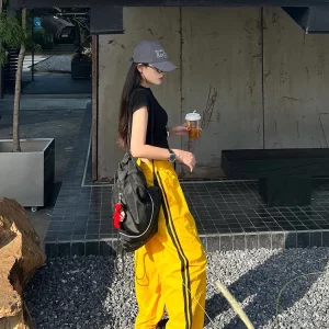 Y2K Streetwear Yellow Wide Leg Track Pants for Women - K-POP Korean Fashion Harajuku Style