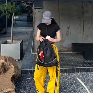 Y2K Streetwear Yellow Wide Leg Track Pants for Women - K-POP Korean Fashion Harajuku Style