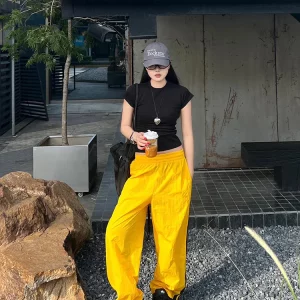 Y2K Streetwear Yellow Wide Leg Track Pants for Women - K-POP Korean Fashion Harajuku Style