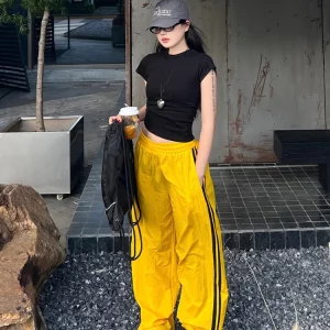 Y2K Streetwear Yellow Wide Leg Track Pants for Women - K-POP Korean Fashion Harajuku Style