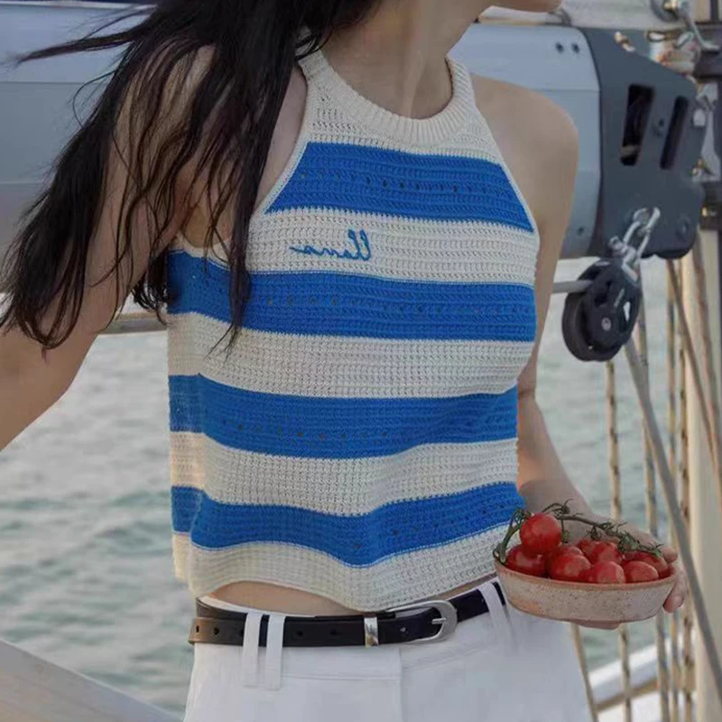 Y2K Striped Crop Top: Off Shoulder Knit Tank for Gen Z Fashion