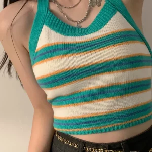 Y2K Striped Knit Halter Crop Tops | Backless Bandage O-Neck | Gen Z K-POP Streetwear