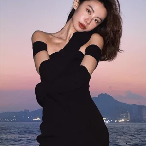 Y2K Style Black Knit Dress | Off-Shoulder Split Design for Women | Club Party Bodycon Vestidos | K-POP &