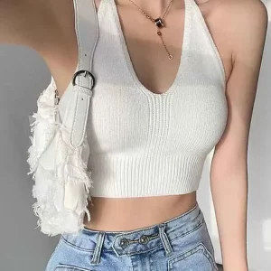 Y2K V-Neck Halter Knit Crop Top for Women | Sexy Camisole Streetwear