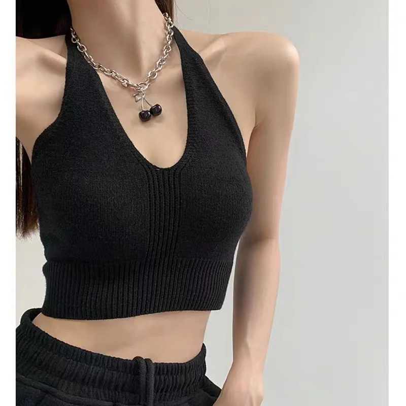 Y2K V-Neck Halter Knit Crop Top for Women | Sexy Camisole Streetwear