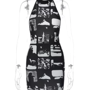 Y2K Vintage Print Halter Sleeveless Bodycon Mini Dress - K-POP Streetwear Nightclub Fashion