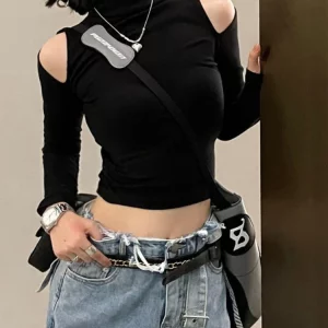 Y2K Vintage Turtleneck Crop Top | Gothic Slim Fit Long Sleeve Tee