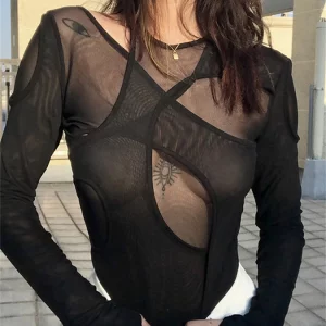 Yiallen Hollow Mesh Women Bodysuit: Sexy Chic Streetwear Y2K Fashion