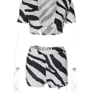 Zebra Print 2-Piece Matching Set: Short Sleeve Crop Top & Shorts for Women - K-POP Streetwear Fashion