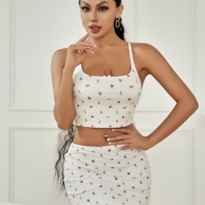 Floral Square Neck Camisole With Bodycon Mini Skirt Set For Party
